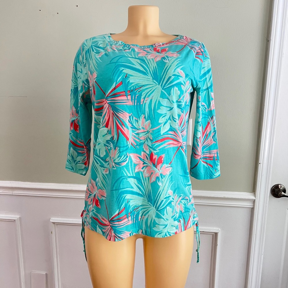 Kim Rogers Tropical Floral Top Womens L 3/4 Sleeve Teal‎ Pink Side Tie Coastal